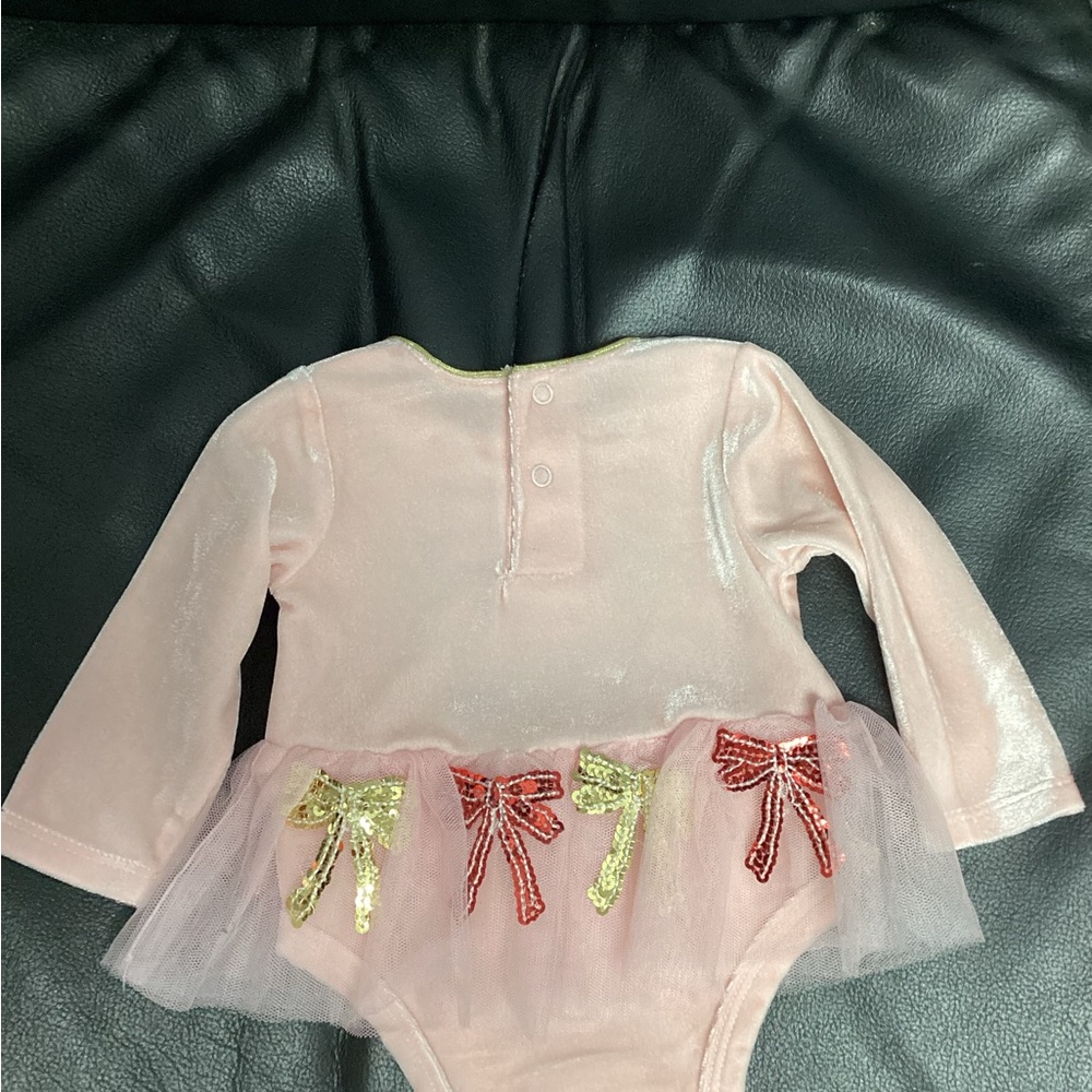 Mud Pie Pink Long-Sleeve Tulle Tutu Bodysuit with Gold & Red Bows